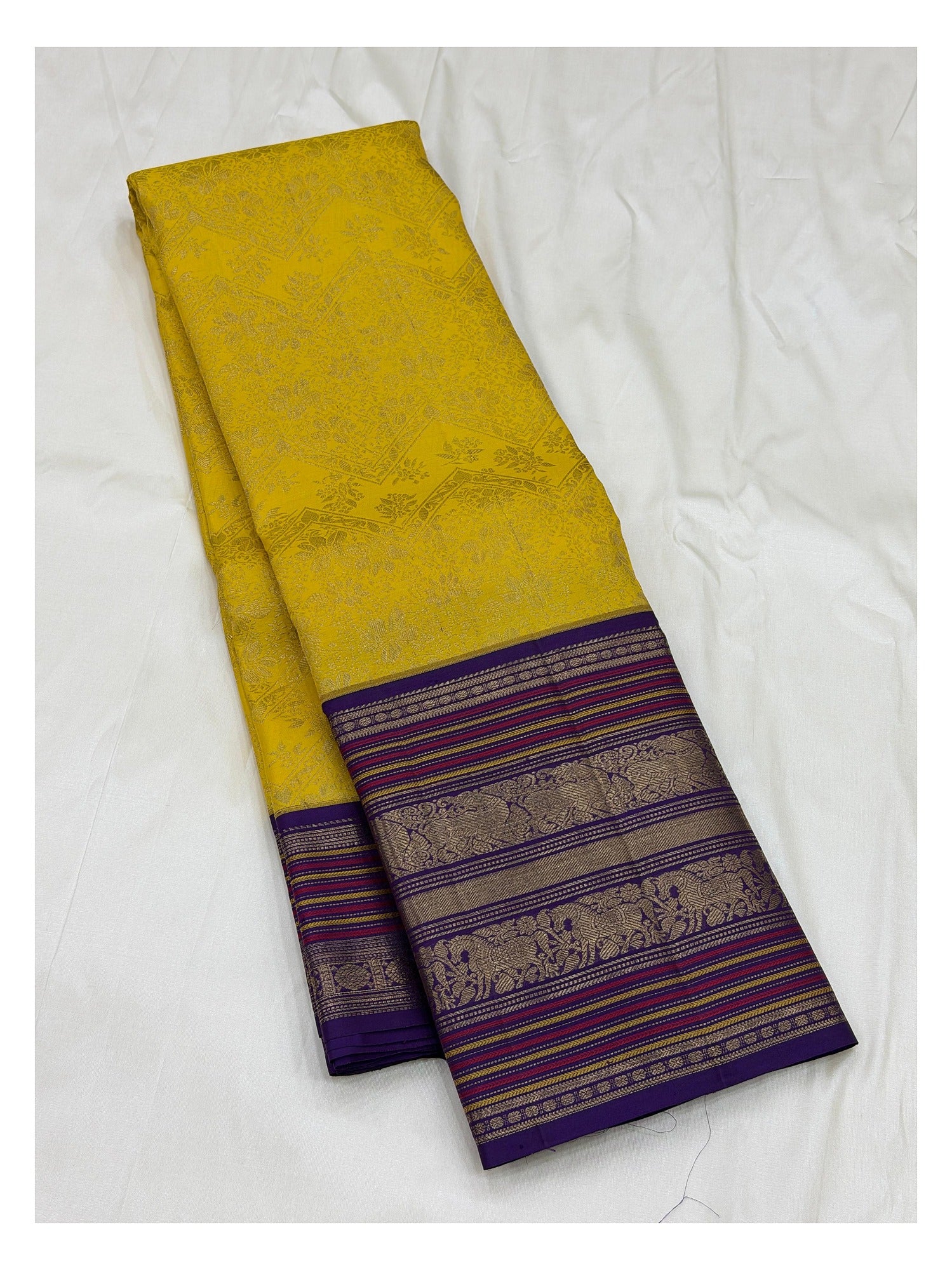 Handwoven Kanchipuram Silk Saree - Yellow with Purple Zari Border
