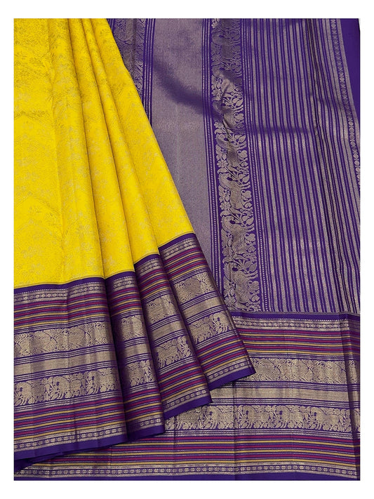 Handwoven Kanchipuram Silk Saree - Yellow with Purple Zari Border