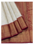Ivory Handwoven Kanchipuram Silk Saree with Gold Butta Checks and Maroon Zari Border front view