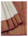 Ivory Handwoven Kanchipuram Silk Saree with Gold Butta Checks and Maroon Zari Border front view