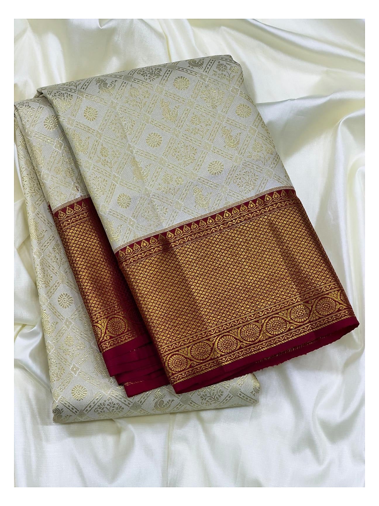 Ivory Handwoven Kanchipuram Silk Saree with Gold Butta Checks and Maroon Zari Border