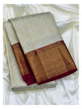 Ivory Handwoven Kanchipuram Silk Saree with Gold Butta Checks and Maroon Zari Border