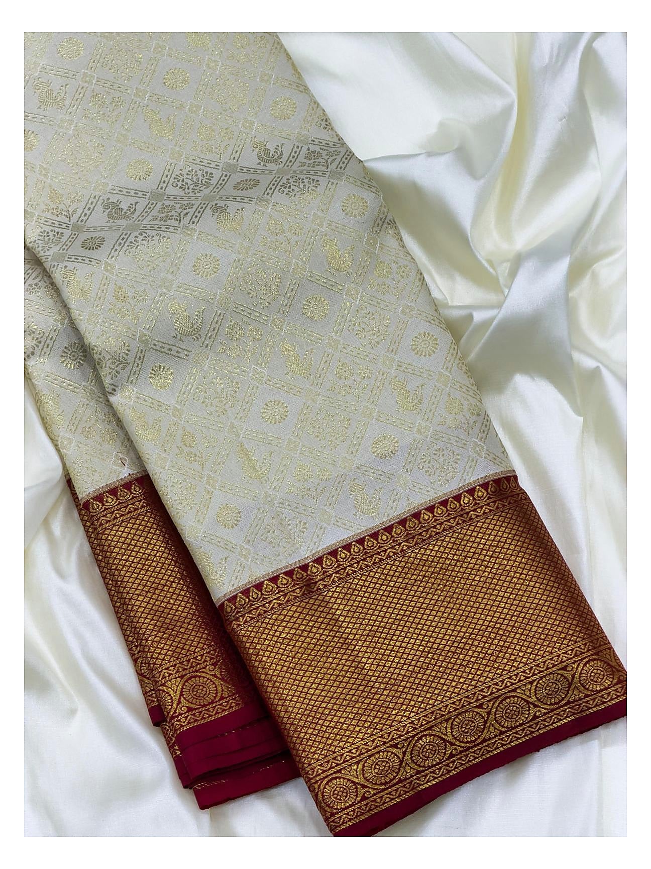 Ivory Handwoven Kanchipuram Silk Saree with Gold Butta Checks and Maroon Zari Border