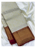 Ivory Handwoven Kanchipuram Silk Saree with Gold Butta Checks and Maroon Zari Border
