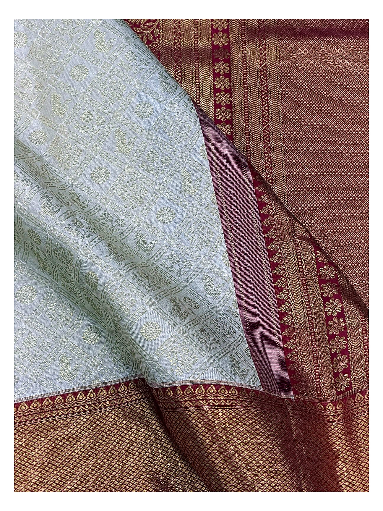 Ivory Handwoven Kanchipuram Silk Saree with Gold Butta Checks and Maroon Zari Border