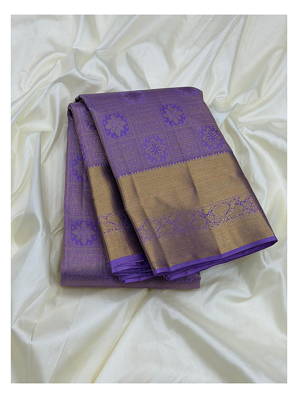 Lavender Purple Handwoven Pure Silk Saree with Gold-Toned Border front view