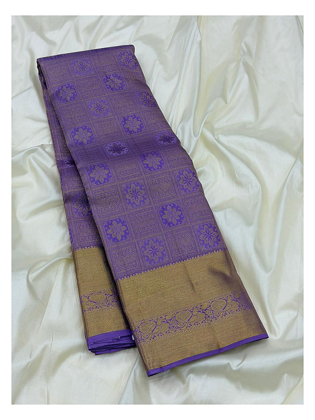 Lavender Purple Handwoven Pure Silk Saree with Gold-Toned Border