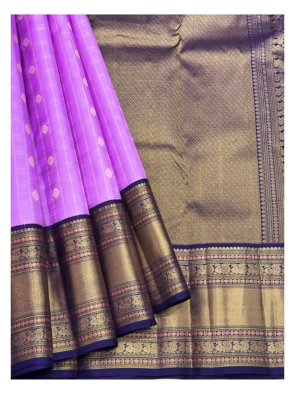 Lavender Purple Pure Silk Saree with Gold Butta Checks and Royal Blue Contrast Pallu front view