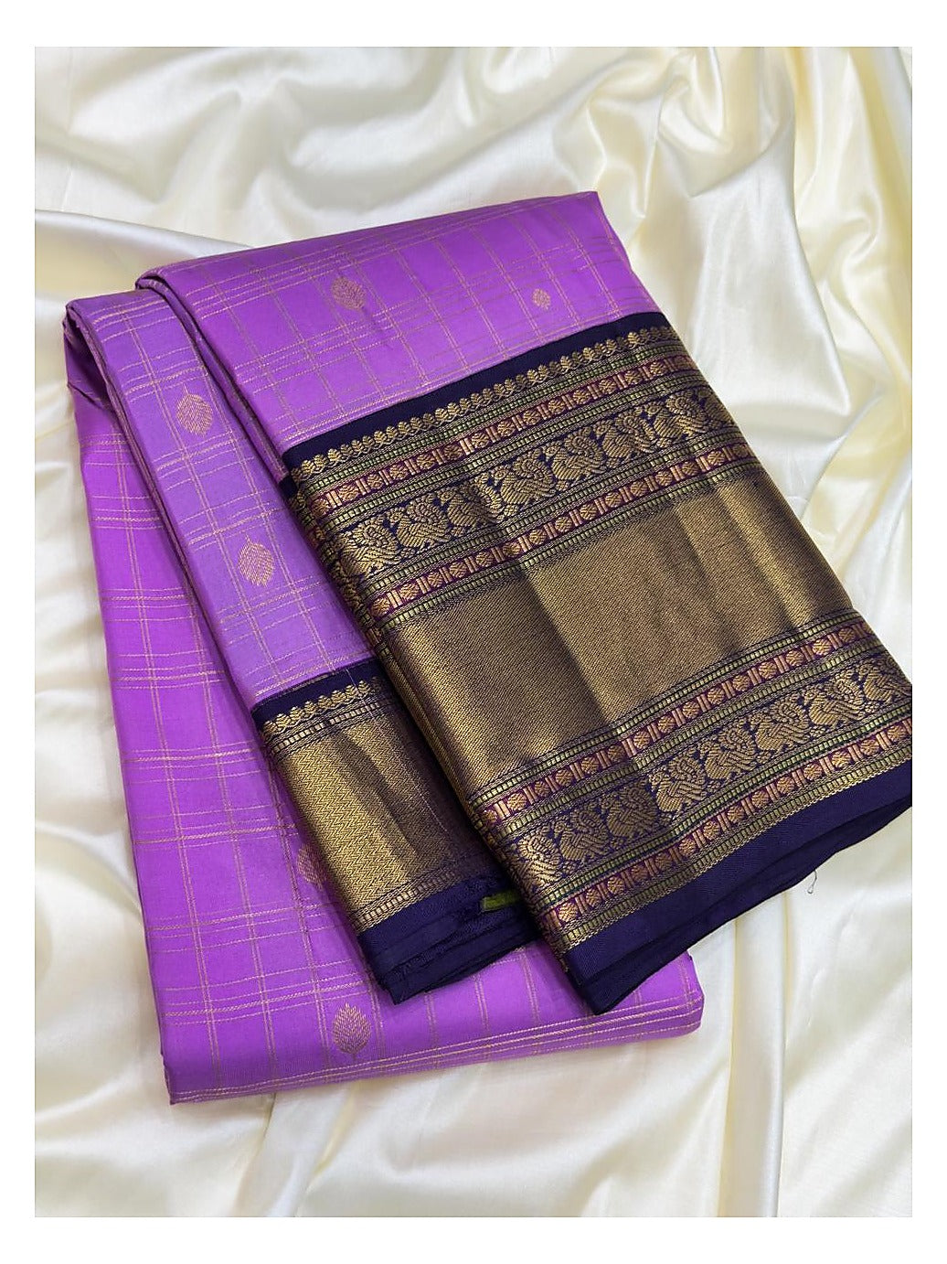 Lavender Purple Pure Silk Saree with Gold Butta Checks and Royal Blue Contrast Pallu