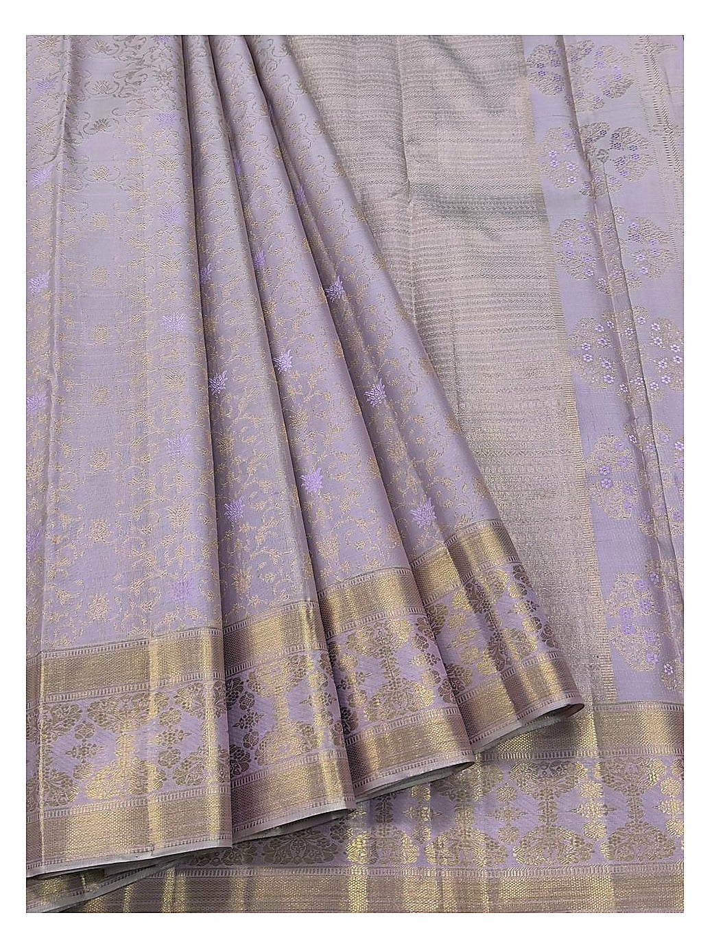 Light Lavender Handwoven Kanchipuram Silk Saree with Gold Floral Vine Weave and Broad Zari Border front view