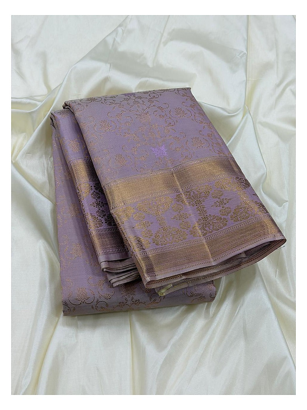 Light Lavender Handwoven Kanchipuram Silk Saree with Gold Floral Vine Weave and Broad Zari Border