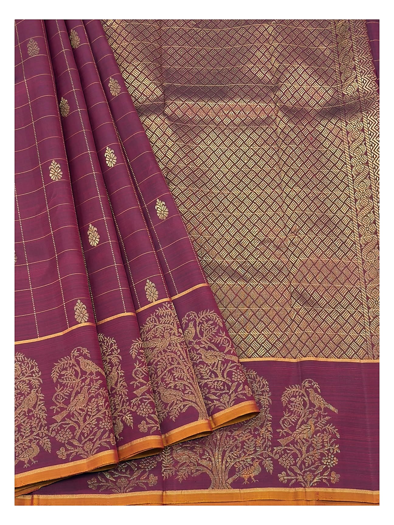 Magenta handwoven Kanchipuram silk saree with gold butta motifs, bird motif border and gold check pallu