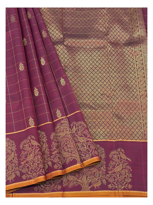 Magenta handwoven Kanchipuram silk saree with gold butta motifs, bird motif border and gold check pallu