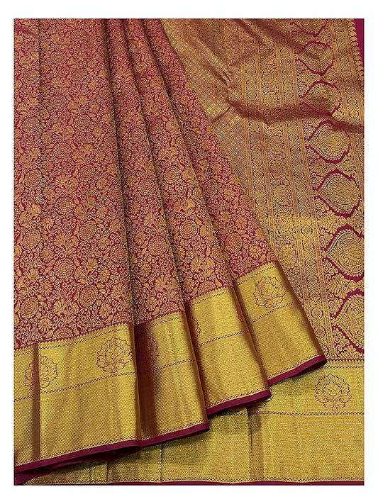 Magenta Handwoven Pure Silk Saree with Gold Floral Weave and Broad Border