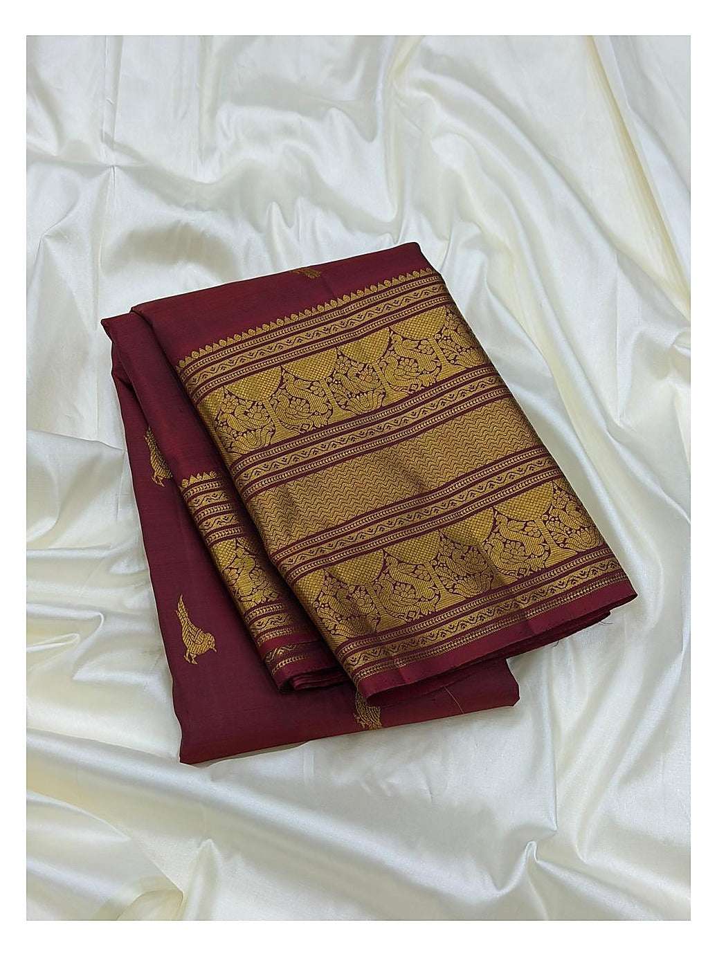 Maroon Handwoven Kanchipuram Silk Saree with Gold-Toned Peacock Border front view