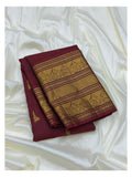 Maroon Handwoven Kanchipuram Silk Saree with Gold-Toned Peacock Border front view