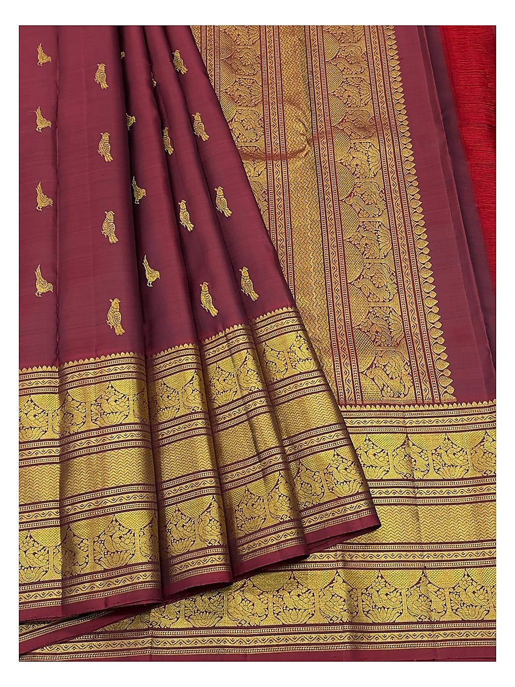 Maroon Handwoven Kanchipuram Silk Saree with Gold-Toned Peacock Border