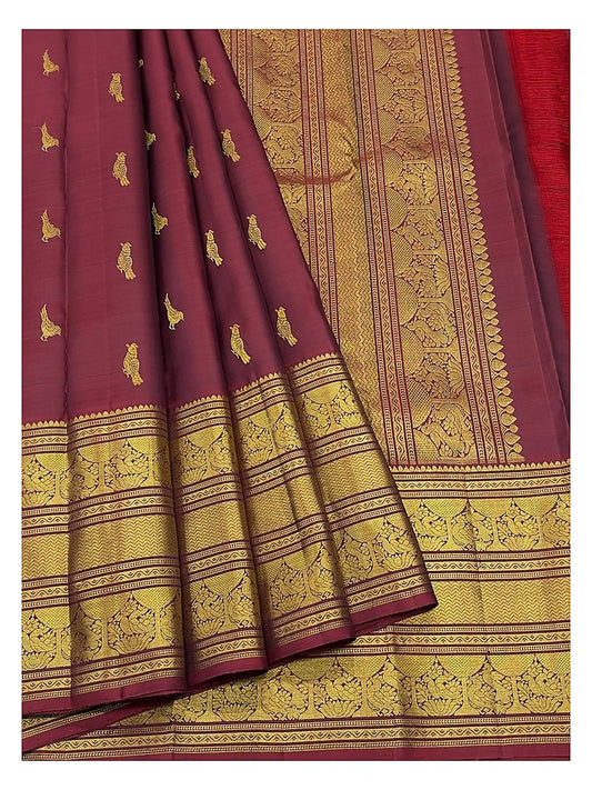 Maroon Handwoven Kanchipuram Silk Saree with Gold-Toned Peacock Border