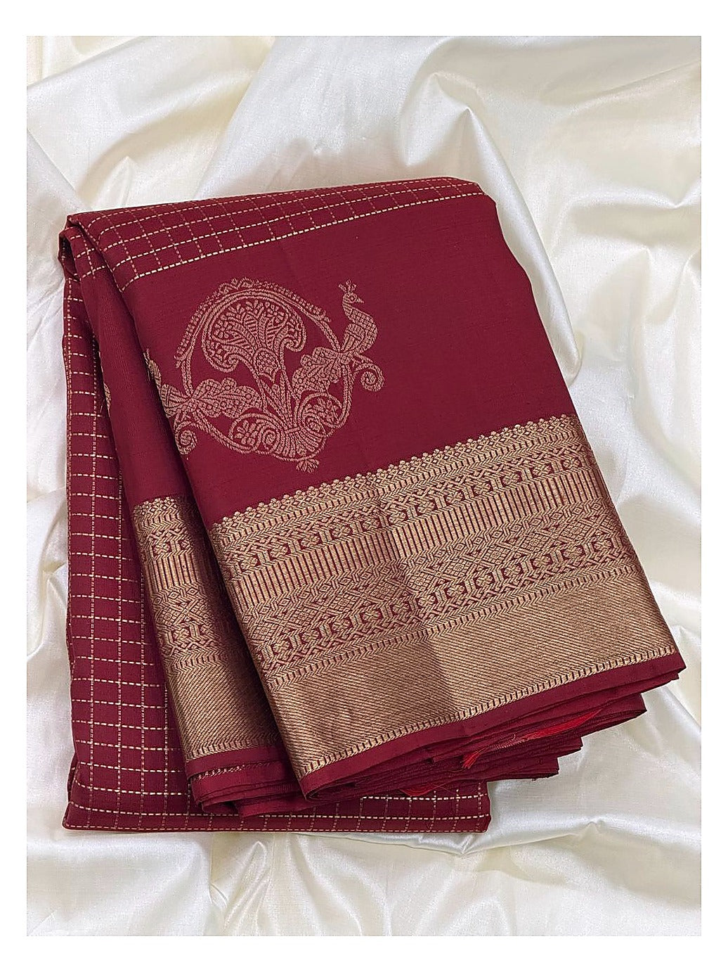 Maroon Handwoven Kanchipuram Silk Saree with Gold Zari Checks and Peacock Motif Border front view