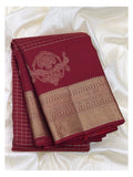 Maroon Handwoven Kanchipuram Silk Saree with Gold Zari Checks and Peacock Motif Border front view