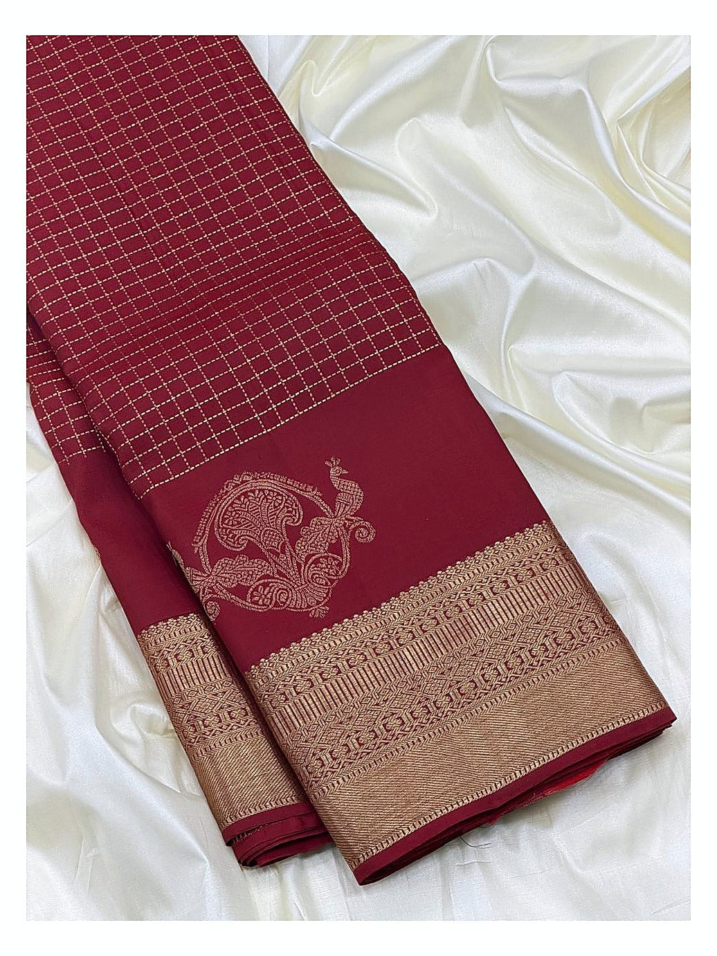 Maroon Handwoven Kanchipuram Silk Saree with Gold Zari Checks and Peacock Motif Border