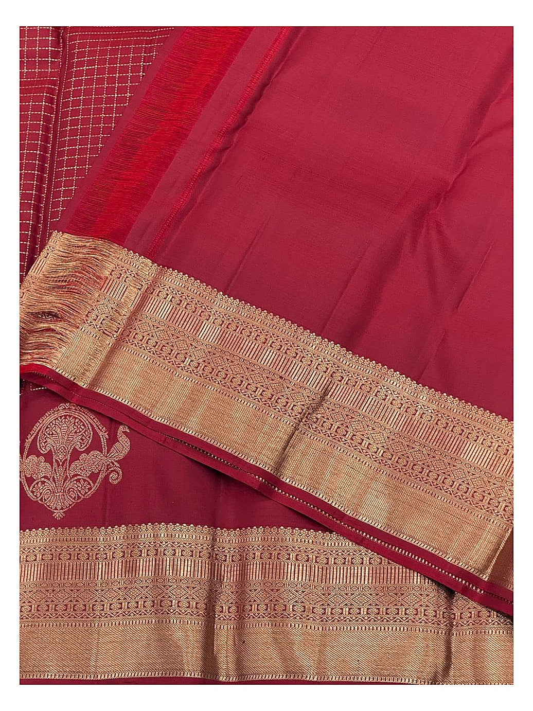 Maroon Handwoven Kanchipuram Silk Saree with Gold Zari Checks and Peacock Motif Border