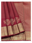 Maroon Handwoven Kanchipuram Silk Saree with Gold Zari Checks and Peacock Motif Border