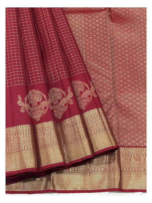 Maroon Handwoven Kanchipuram Silk Saree with Gold Zari Checks and Peacock Motif Border