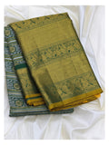 Mustard Gold Handwoven Kanchipuram Silk Saree with Green Elephant Border front view