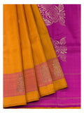 Mustard Gold Handwoven Kanchipuram Silk Saree with Pink Zari Border and Bright Pink Contrast Pallu front view