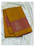 Mustard Gold Handwoven Kanchipuram Silk Saree with Pink Zari Border and Bright Pink Contrast Pallu