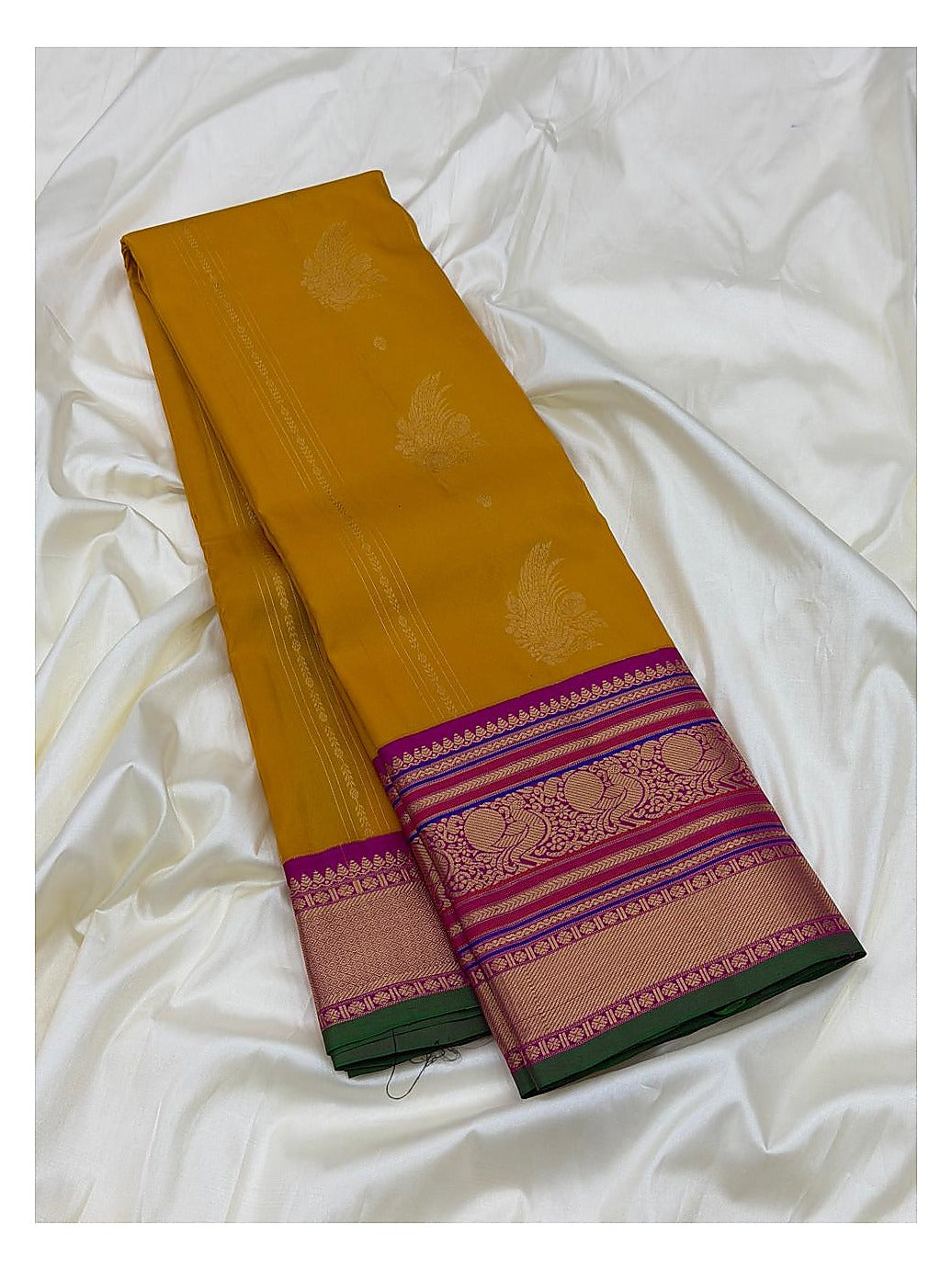 Mustard Pure Silk Saree with Magenta Peacock Border front view