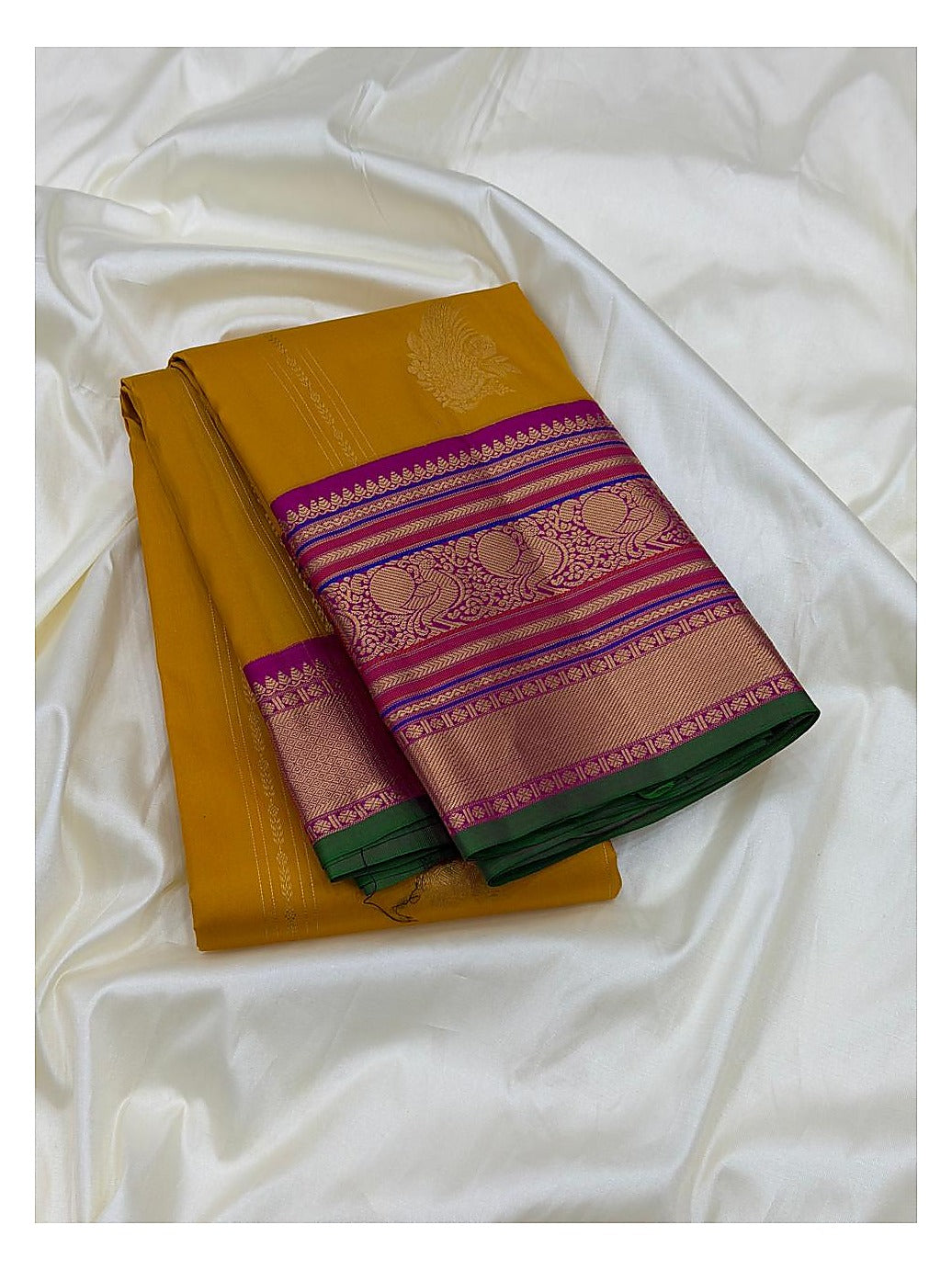 Mustard Pure Silk Saree with Magenta Peacock Border