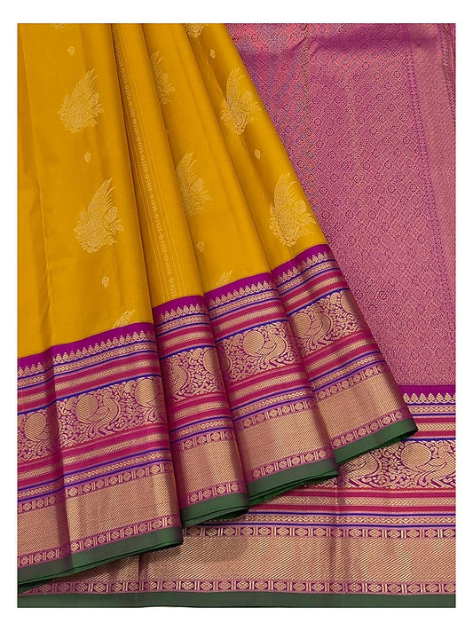 Mustard Pure Silk Saree with Magenta Peacock Border