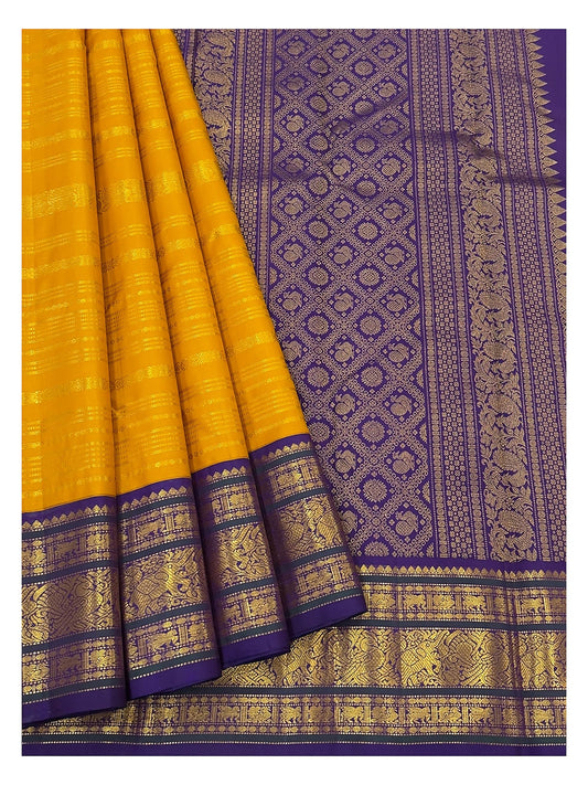 Mustard Yellow and Royal Purple Handwoven Kanchipuram Silk Saree with Elephant Zari Border