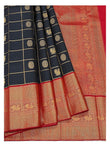Close view of the navy blue saree with gold-toned checks, woven motifs, and broad red pallu