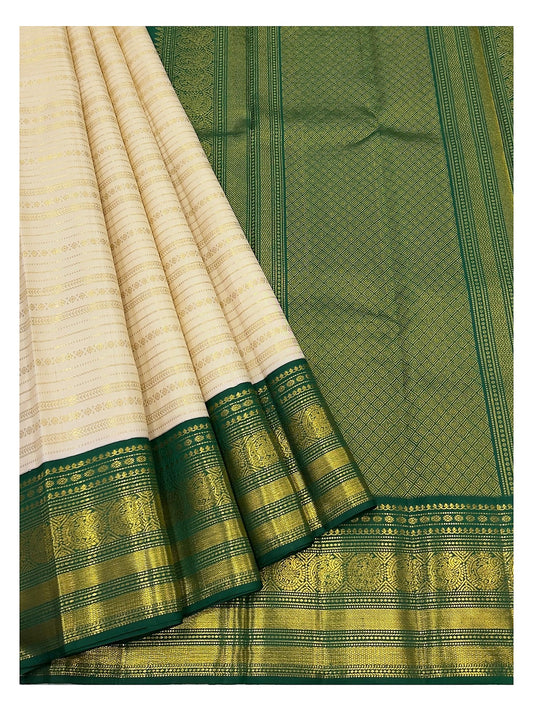 Off-White Handwoven Kanchipuram Silk Saree with Emerald Green Zari Border