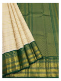 Off-White Handwoven Kanchipuram Silk Saree with Emerald Green Zari Border