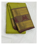 Olive Green Handwoven Kanchipuram Silk Saree with Contrast Motif Border front view