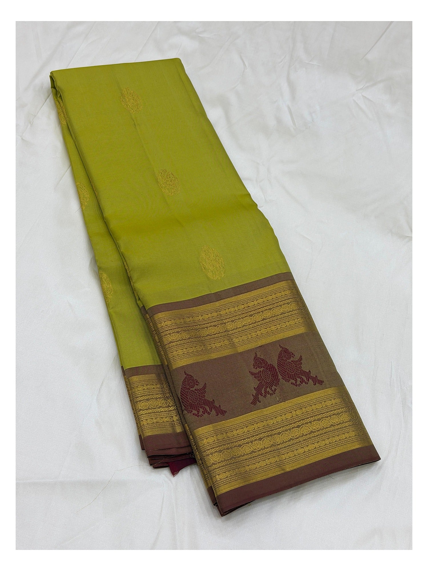 Olive Green Handwoven Kanchipuram Silk Saree with Contrast Motif Border