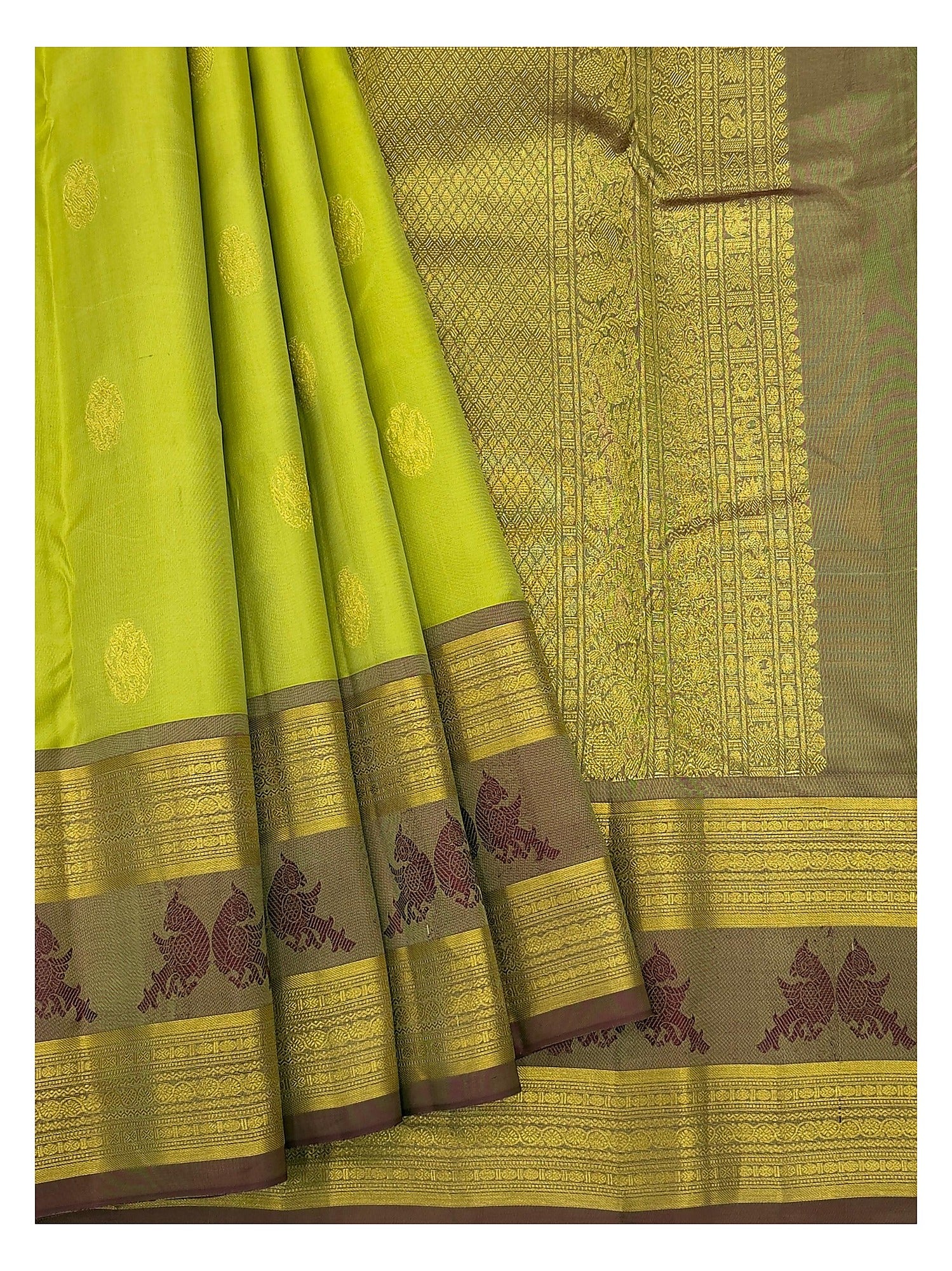 Olive Green Handwoven Kanchipuram Silk Saree with Contrast Motif Border