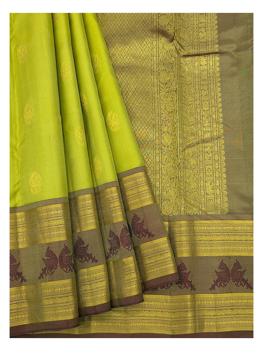 Olive Green Handwoven Kanchipuram Silk Saree with Contrast Motif Border