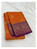 Orange Pure Silk Saree with Purple Peacock Zari Border and Contrast Pallu front view