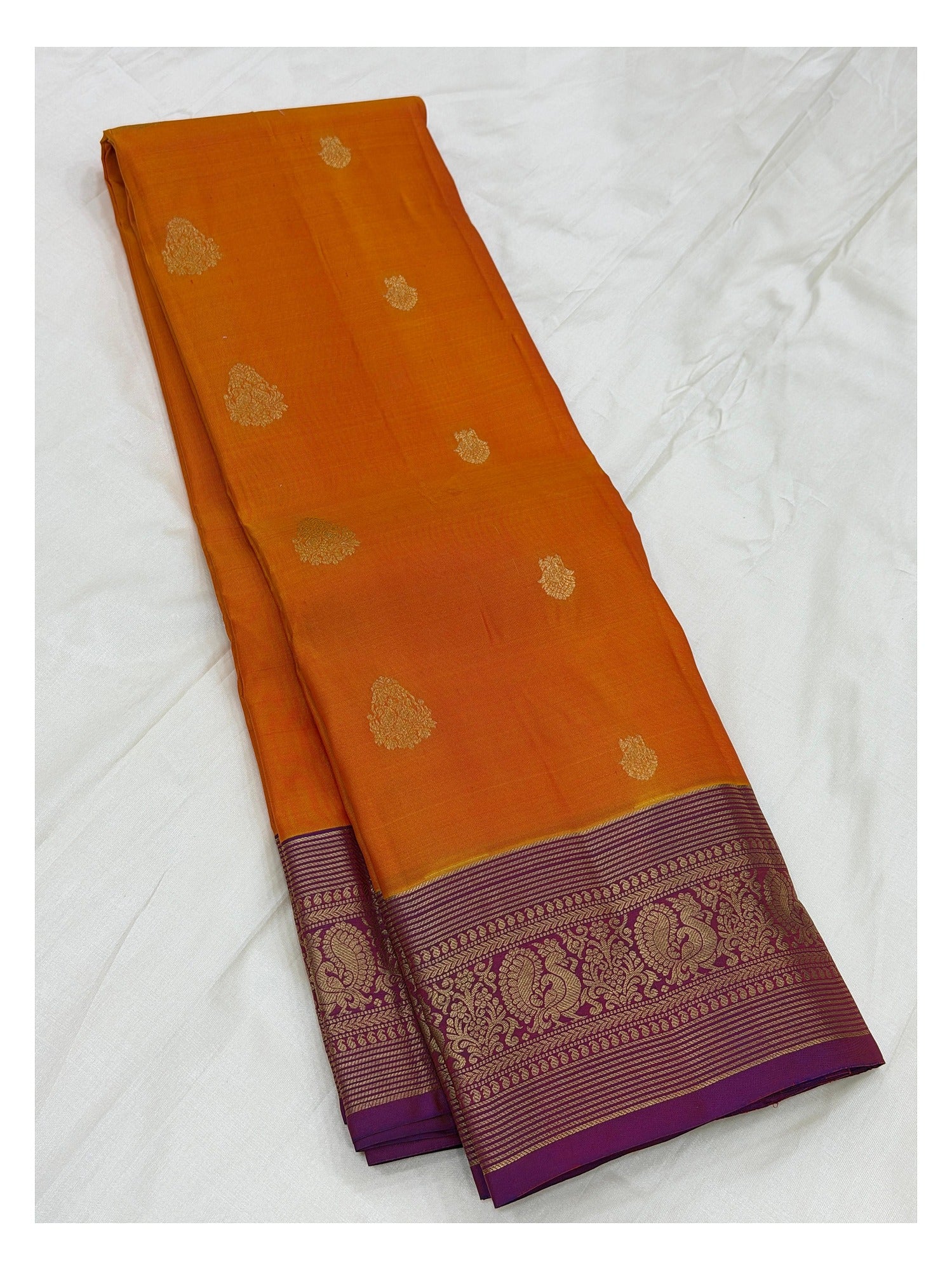 Orange Pure Silk Saree with Purple Peacock Zari Border and Contrast Pallu