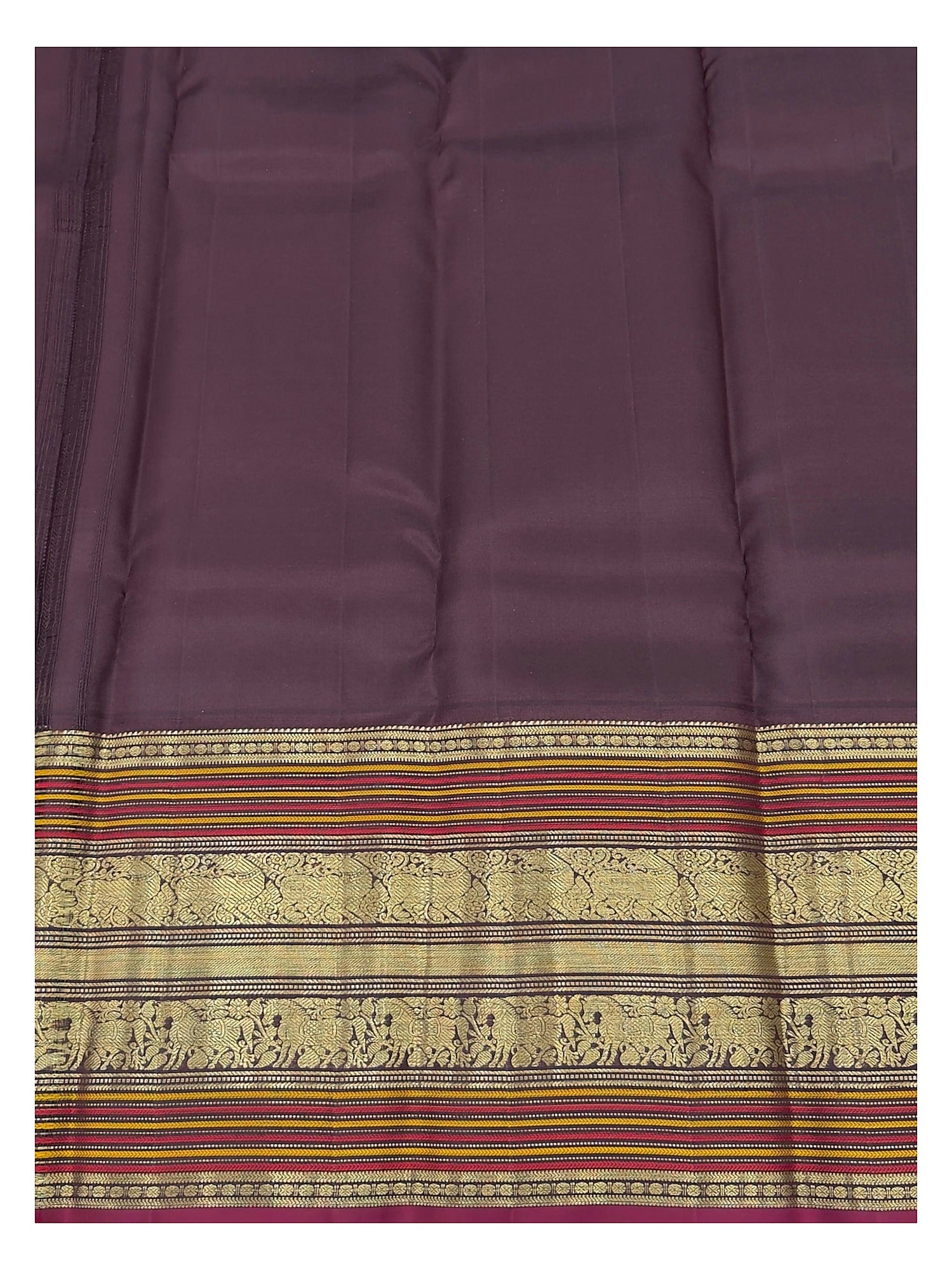 Plum pallu and gold-toned woven border detail of the silk saree
