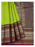 Draped view of parrot green saree with plum pallu and woven border motifs