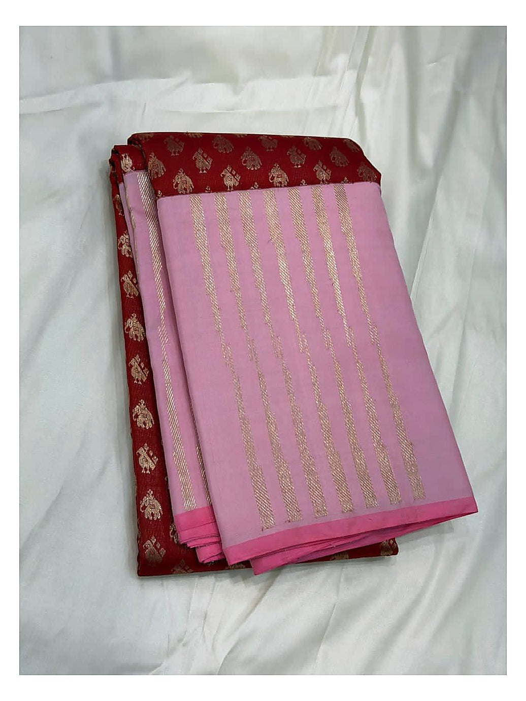 Pink and Maroon Handwoven Kanchipuram Silk Saree front view