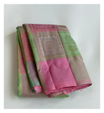 Pink Handwoven Kanchipuram Silk Saree with Mint Green Zari Checks front view