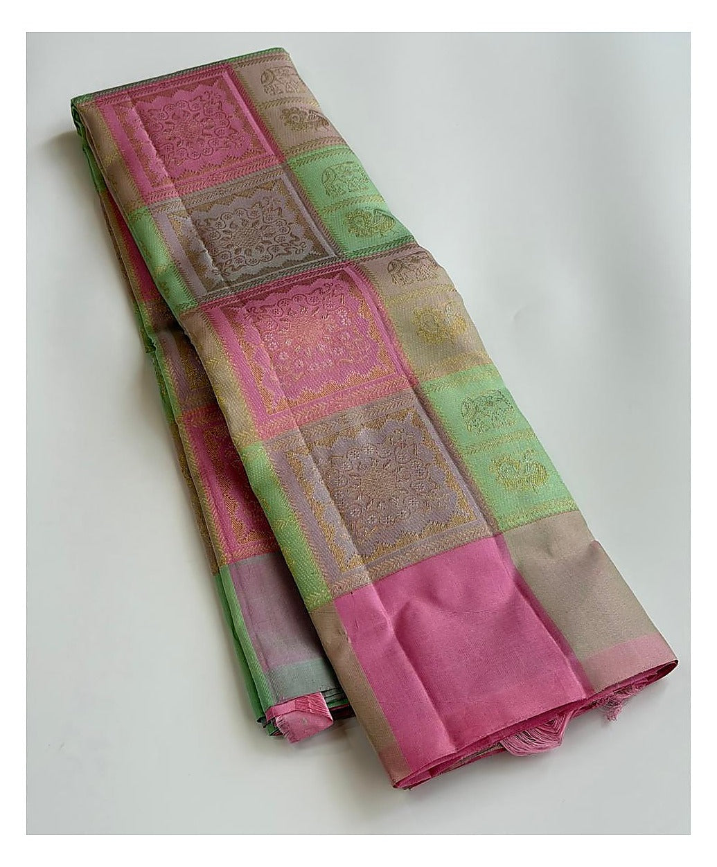 Pink Handwoven Kanchipuram Silk Saree with Mint Green Zari Checks