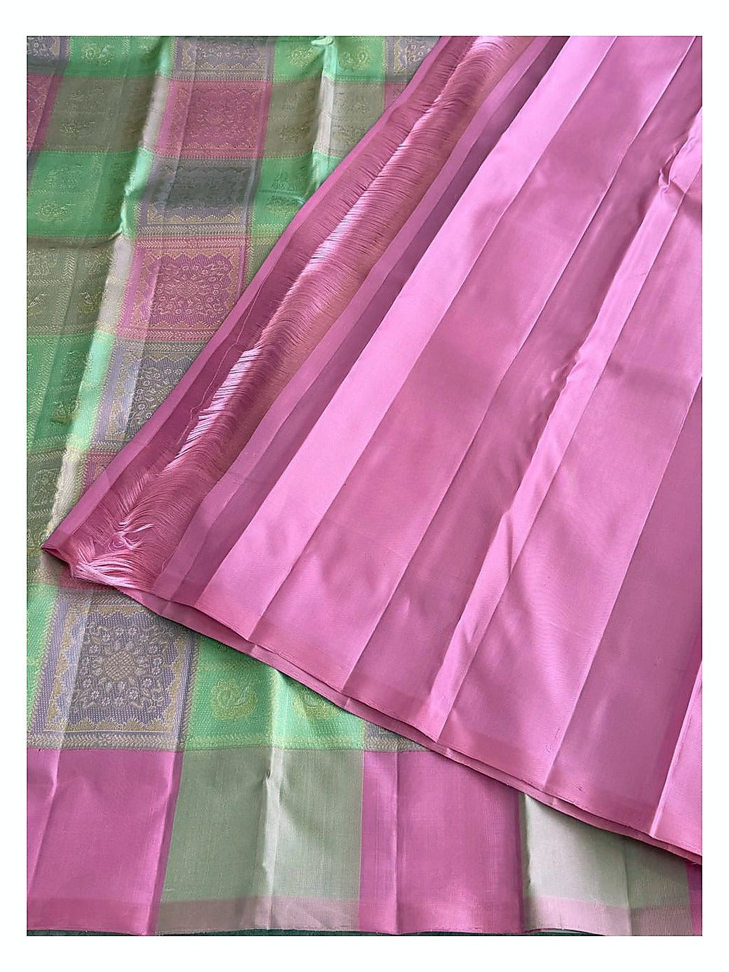 Pink Handwoven Kanchipuram Silk Saree with Mint Green Zari Checks